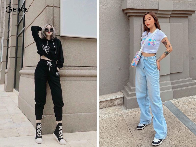 Cô gái mặc áo croptop đen và giày sneaker đen