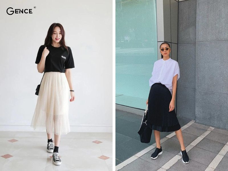 Cô gái mặc áo phông trắng, chân váy và giày sneaker đen