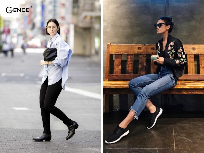 Cô gái mặc áo sơ mi, quần jean và giày sneaker đen