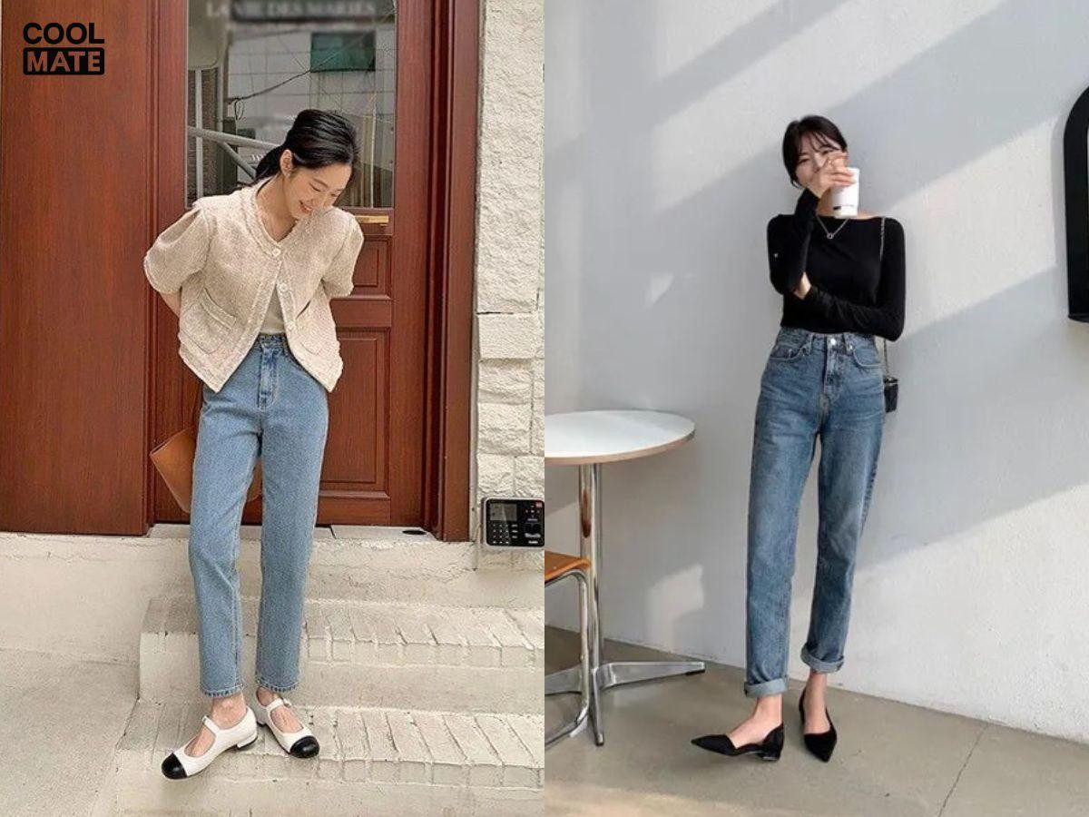 Cô gái mặc quần jean ống đứng và giày búp bê màu nude nhẹ nhàng