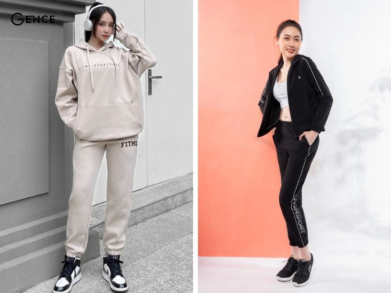 Cô gái mặc quần jogger màu be và giày sneaker đen