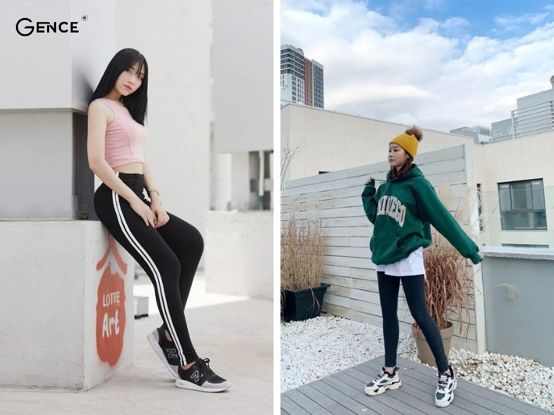 Cô gái mặc quần legging đen và giày sneaker đen