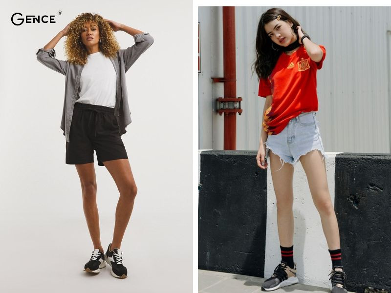 Cô gái mặc quần short denim và giày sneaker đen