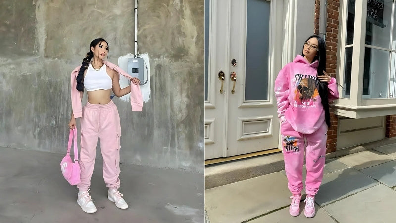 Cô gái phối giày thể thao màu hồng cùng quần jogger và áo khoác bomber tạo phong cách đường phố