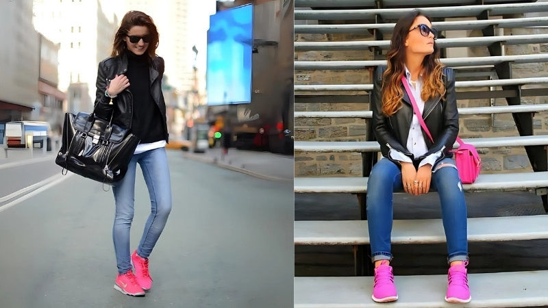 Cô gái phối giày thể thao màu hồng với quần jeans xanh và áo thun trắng năng động