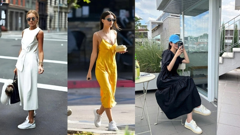Cô gái phối giày thể thao trắng với váy suông dài màu nâu đơn giản