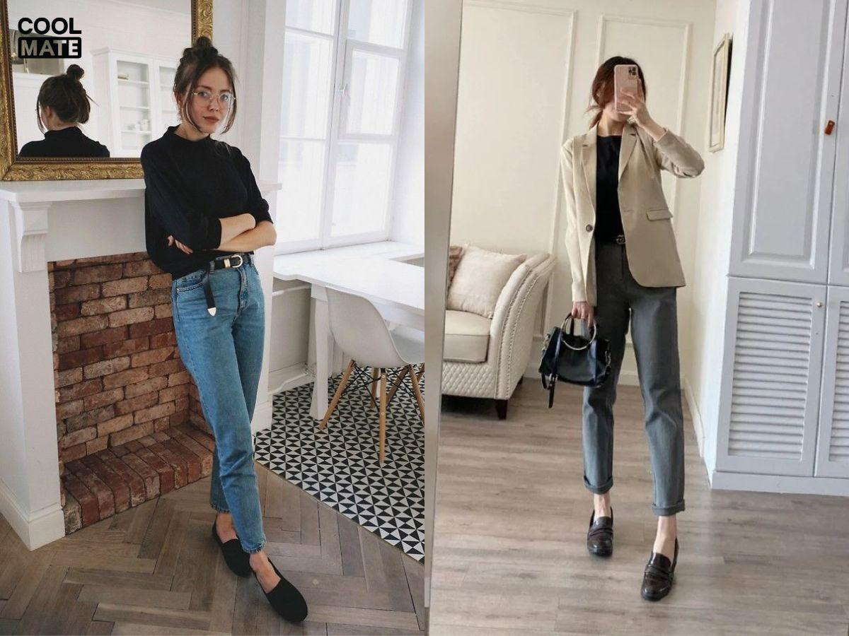 Cô gái phối quần jean ống đứng với giày lười màu trung tính cho phong cách thoải mái