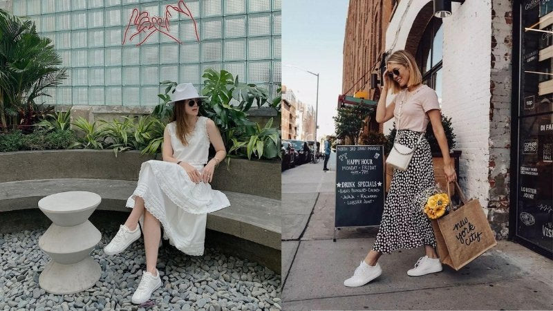 Cô gái phối váy dài màu be họa tiết chấm bi với giày thể thao trắng nữ