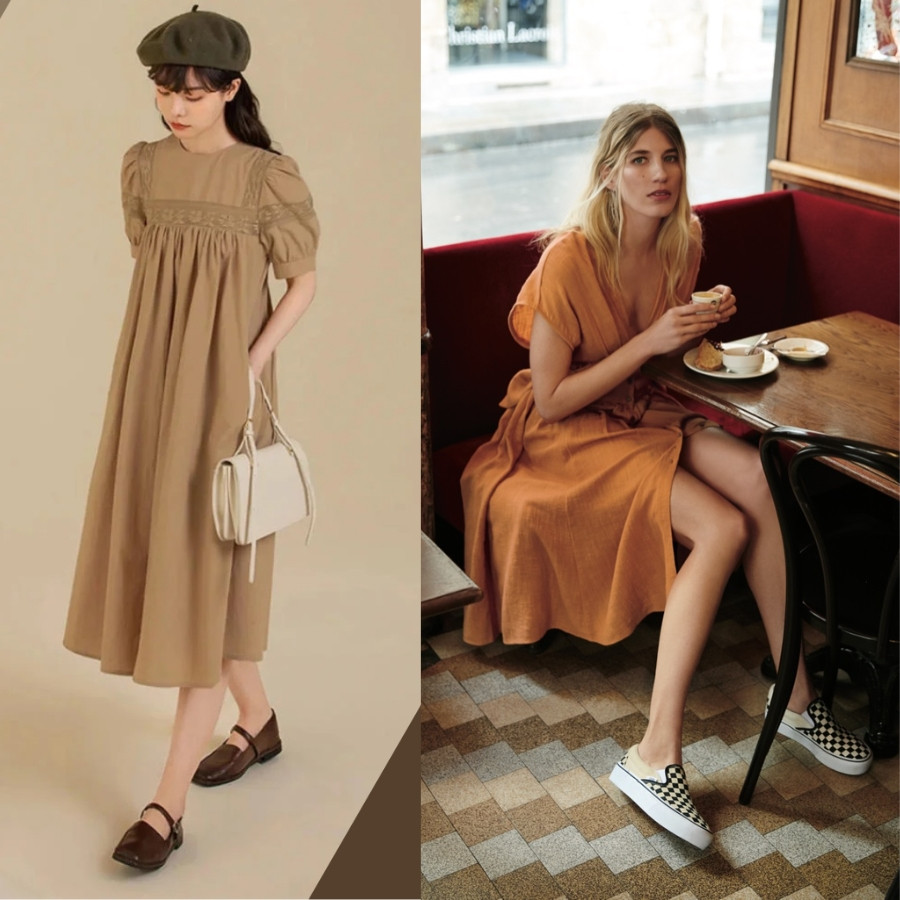 Cô gái thanh lịch diện đầm maxi kẻ caro cùng giày lười cổ điển