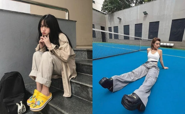 Cô gái trẻ phối quần jean ống rộng màu xanh denim với đôi giày Crocs đen thoải mái và áo thun đơn giản, thể hiện phong cách năng động