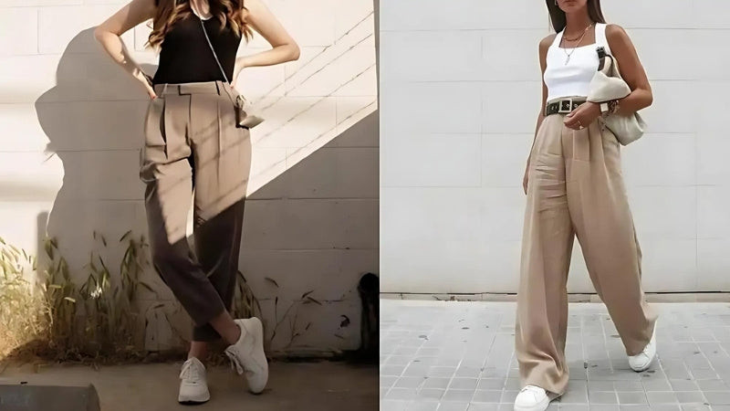 Cô gái trẻ trung phối giày thể thao trắng với quần xếp ly màu kem và áo sơ mi trắng
