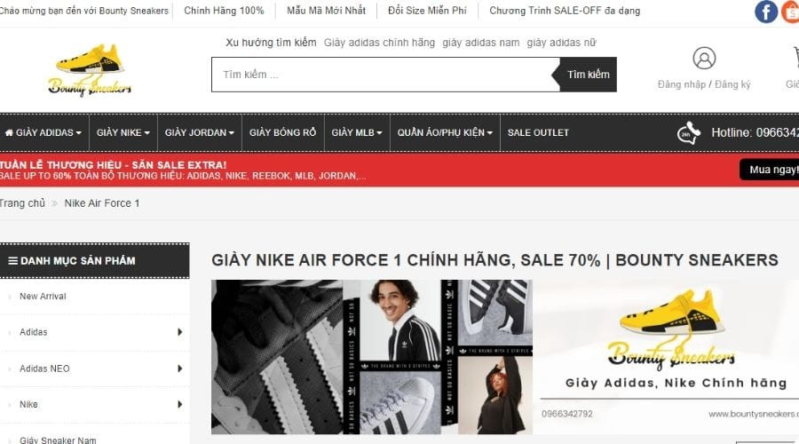 Giao diện website Bounty Sneaker, một shop giày sneaker uy tín tại Hà Nội