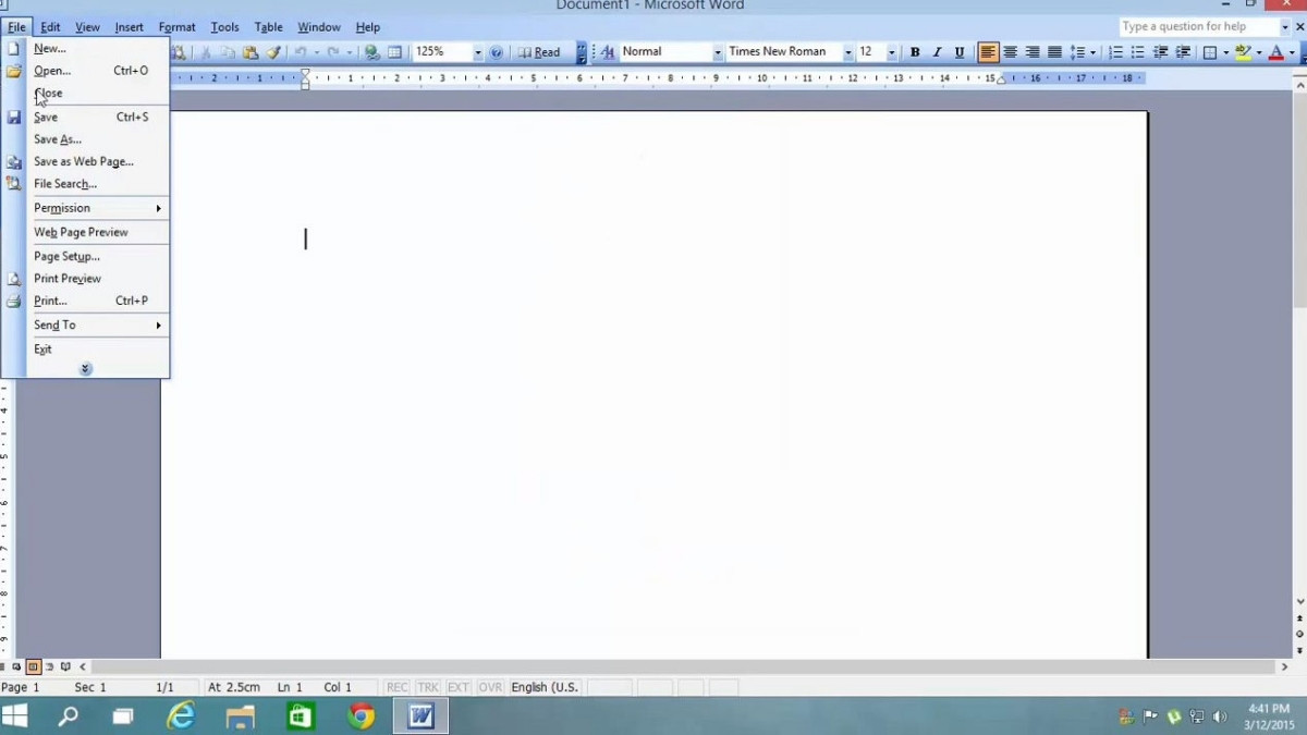 Giao diện Word 2003, menu File với tùy chọn Page Setup được mở