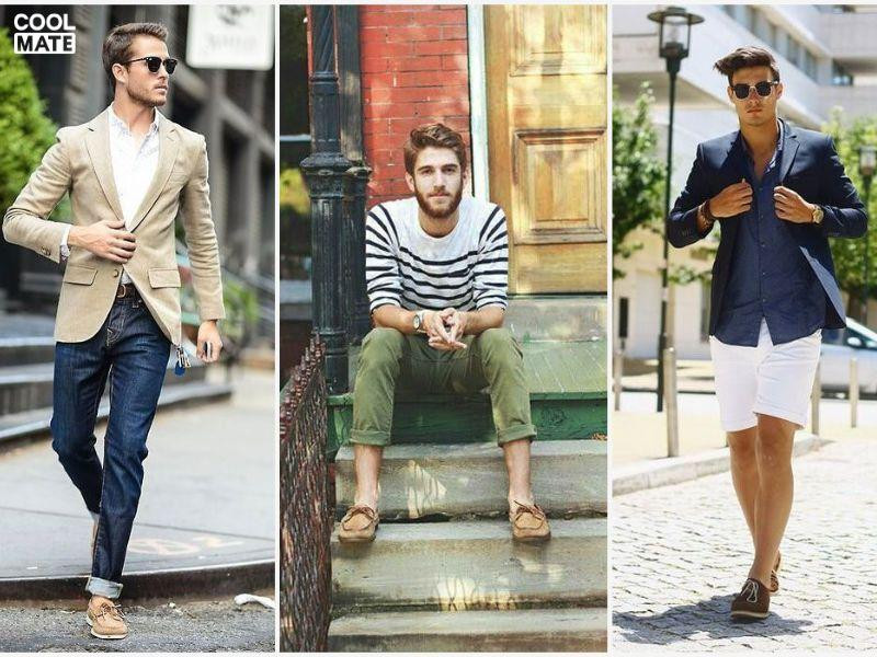Giày Boat Shoes màu xanh navy kết hợp quần âu kem, phong cách trẻ trung, năng động và thoải mái.