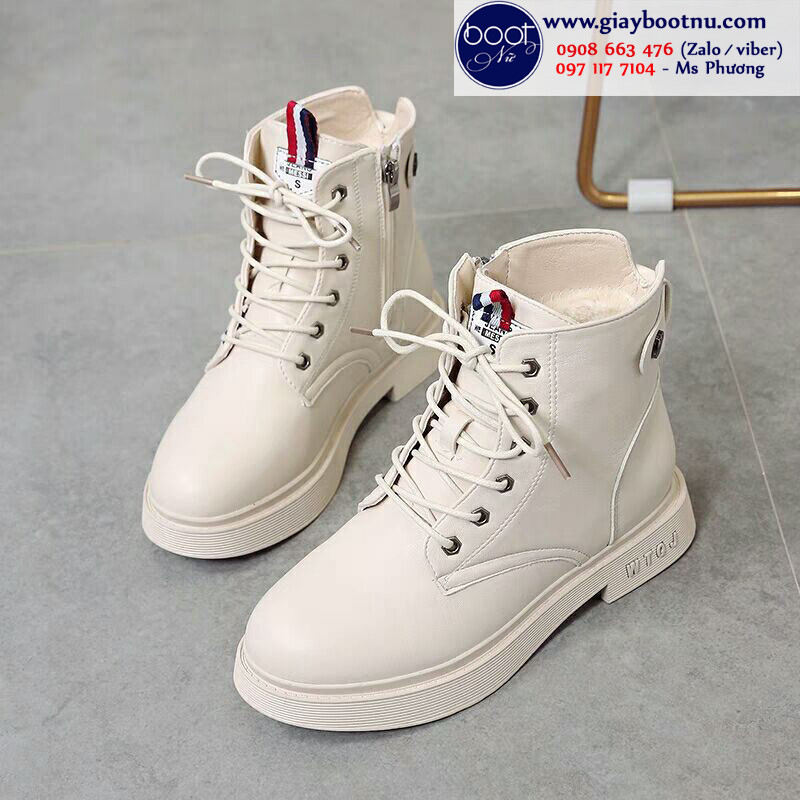 Giày boot nữ cổ thấp đế bệt màu kem cột dây trẻ trung