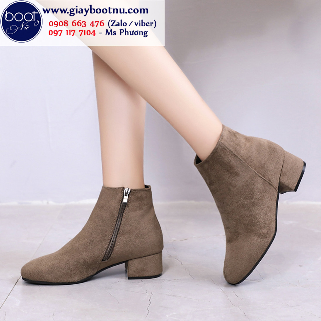 Giày boot nữ cổ thấp đế bệt màu xám da lộn độc đáo