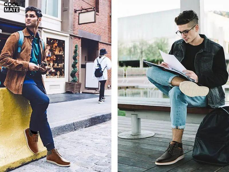 Giày Chukka da lộn màu nâu đất kết hợp quần âu xám, tạo phong cách lịch sự, ấm áp và có chút bụi bặm.