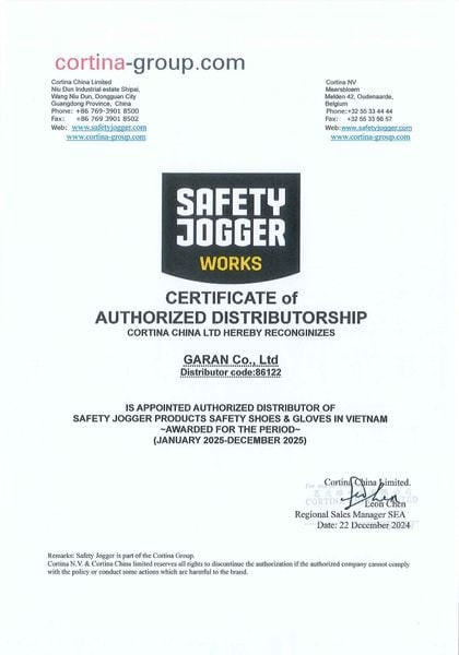 Giấy chứng nhận Bảo hộ GARAN là đại lý cấp 1 chính thức của Safety Jogger năm 2025