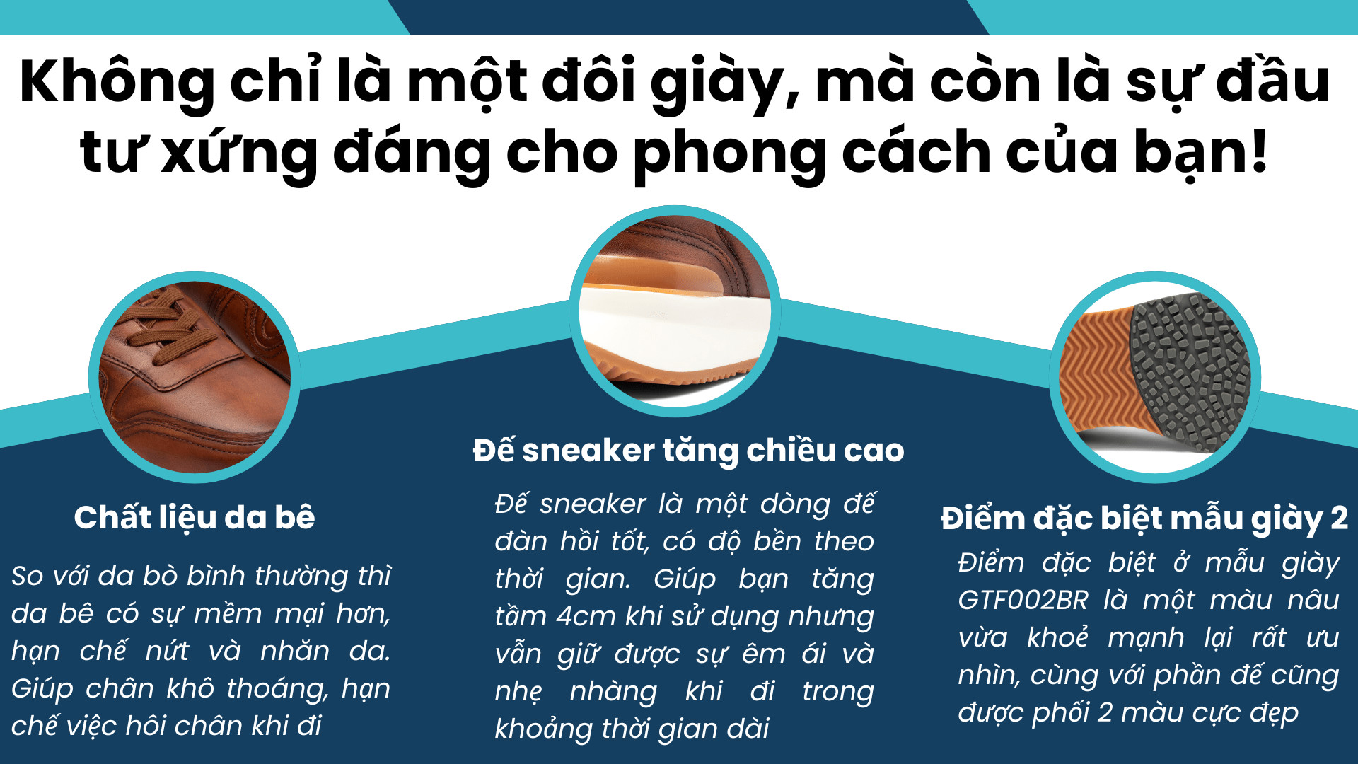 Giày da bê nam êm chân dáng thể thao FTT Leather đế sneaker cao cấp phối họa tiết màu nâu