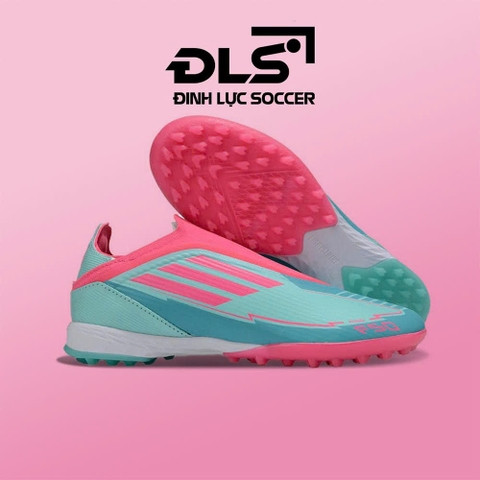 Giày đá bóng đẹp Adidas F50 Elite Laceless MESSI MIAMI Xanh Ngọc Vạch Hồng Không Dây TF