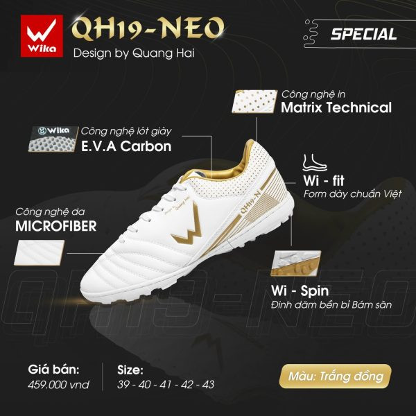giày đá bóng Wika QH19NEO Quang Hải trắng đồng