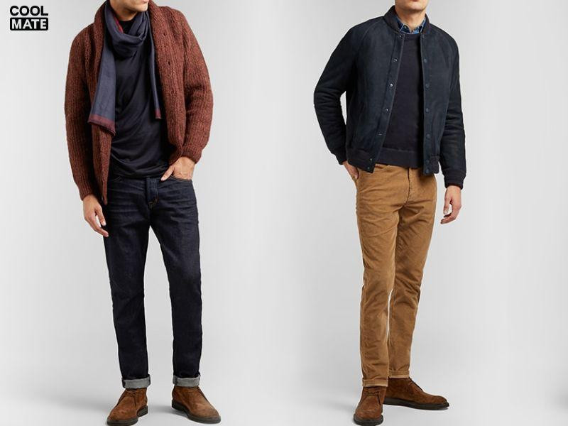 Giày Desert Boots da lộn màu nâu phối quần âu xanh navy, tạo nên phong cách trẻ trung, bụi bặm nhưng vẫn lịch thiệp.
