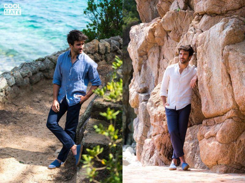 Giày Espadrilles màu xanh navy với đế đay, phối quần âu kem, tạo phong cách thoải mái và rất mùa hè.