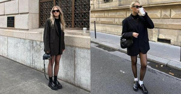 Giày loafer cổ điển màu đen cùng tất trắng và quần short nữ cạp cao