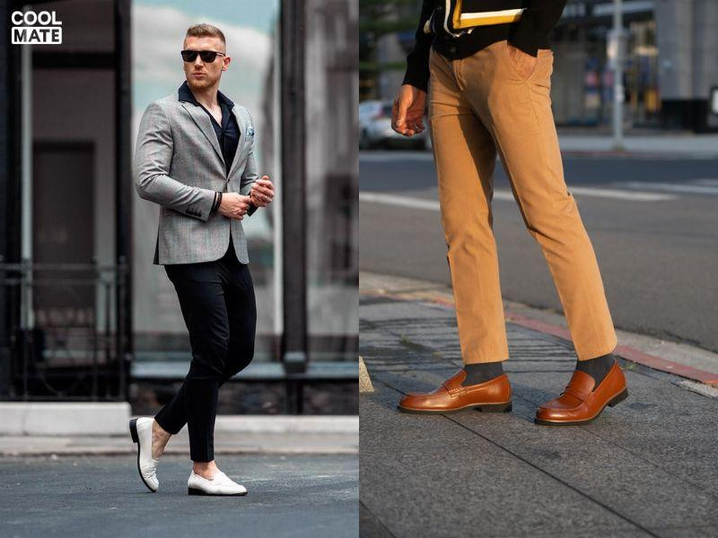 Giày Loafers màu nâu đậm phối với quần âu xám, tạo nên phong cách thanh lịch và phóng khoáng.