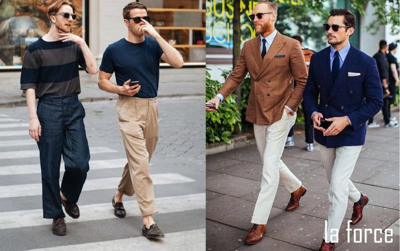 Giày lười nâu và quần kaki sáng màu