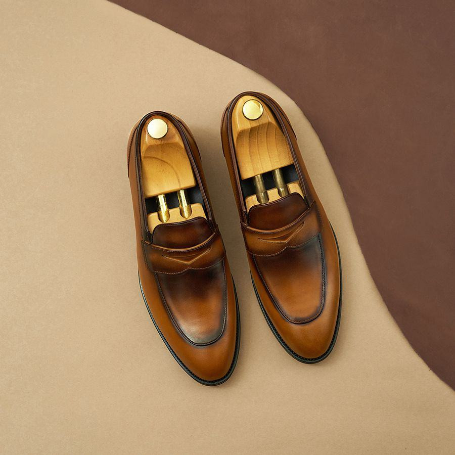 Giày lười tăng chiều cao nam kiểu Penny Loafer da bò màu nâu