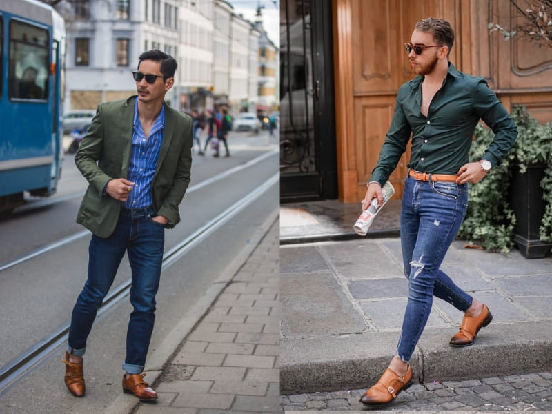 Giày Monk Strap phối với quần jean nam tạo phong cách độc đáo, mạnh mẽ