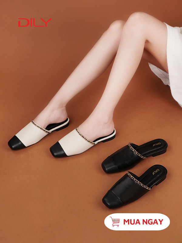 Giày mùa hè nữ - Mules mũi vuông khóa xích AA0483 sang trọng