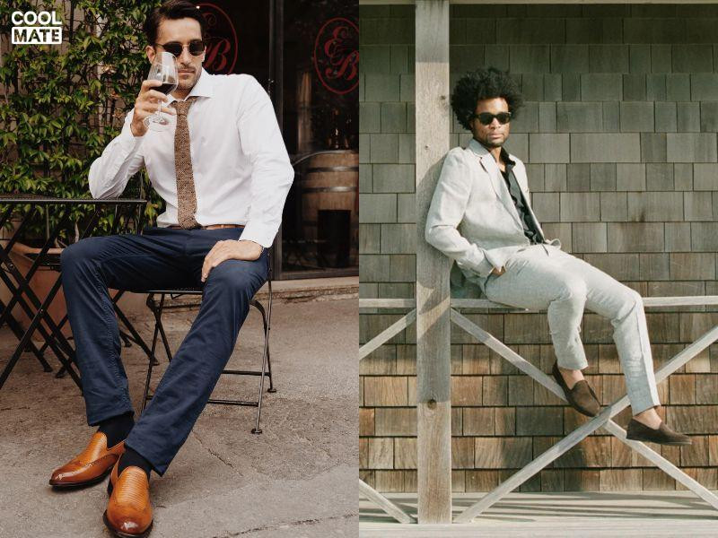 Giày Penny Loafers màu đen bóng phối quần âu xám, mang vẻ đẹp cổ điển, lịch thiệp và sang trọng.