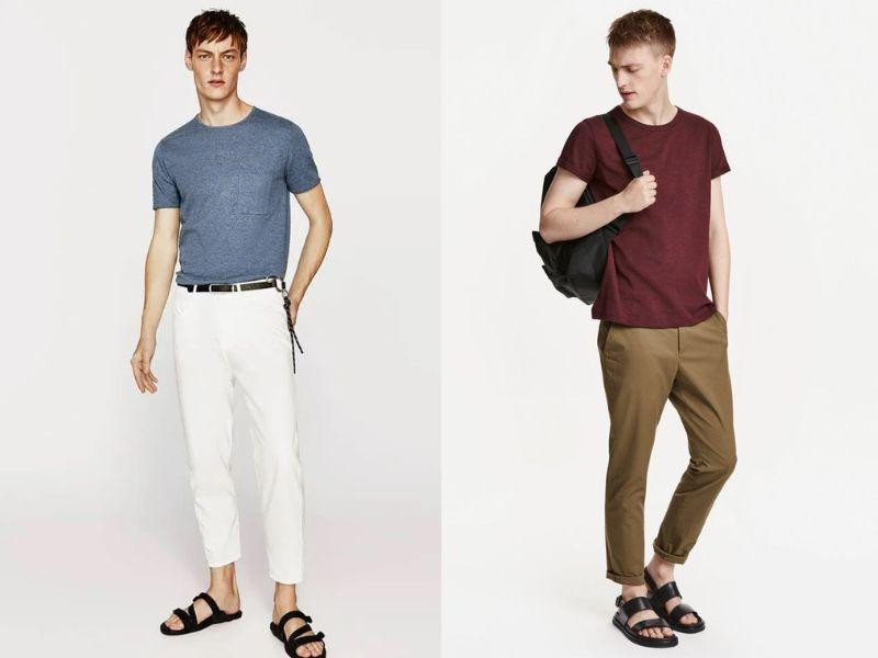 Giày sandal phối với quần kaki nam tính giúp bộ outfit có tính năng động, trẻ trung hơn