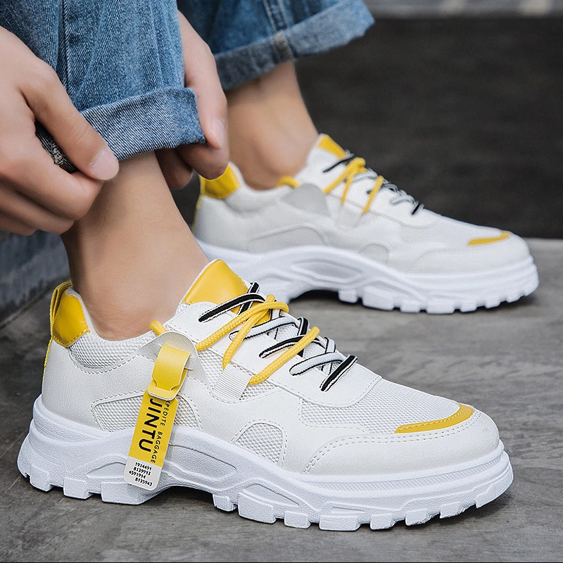 Giày sneaker nam đế cao kiểu Hàn Quốc màu trắng, da phối vải cao cấp, form ôm chân