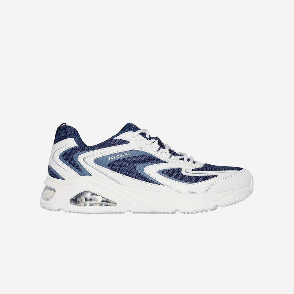 Giày sneaker nam Skechers Tres-Air Uno phối màu trắng xanh, thiết kế năng động và phong cách, minh họa cho dòng giày thể thao skechers chính hãng.