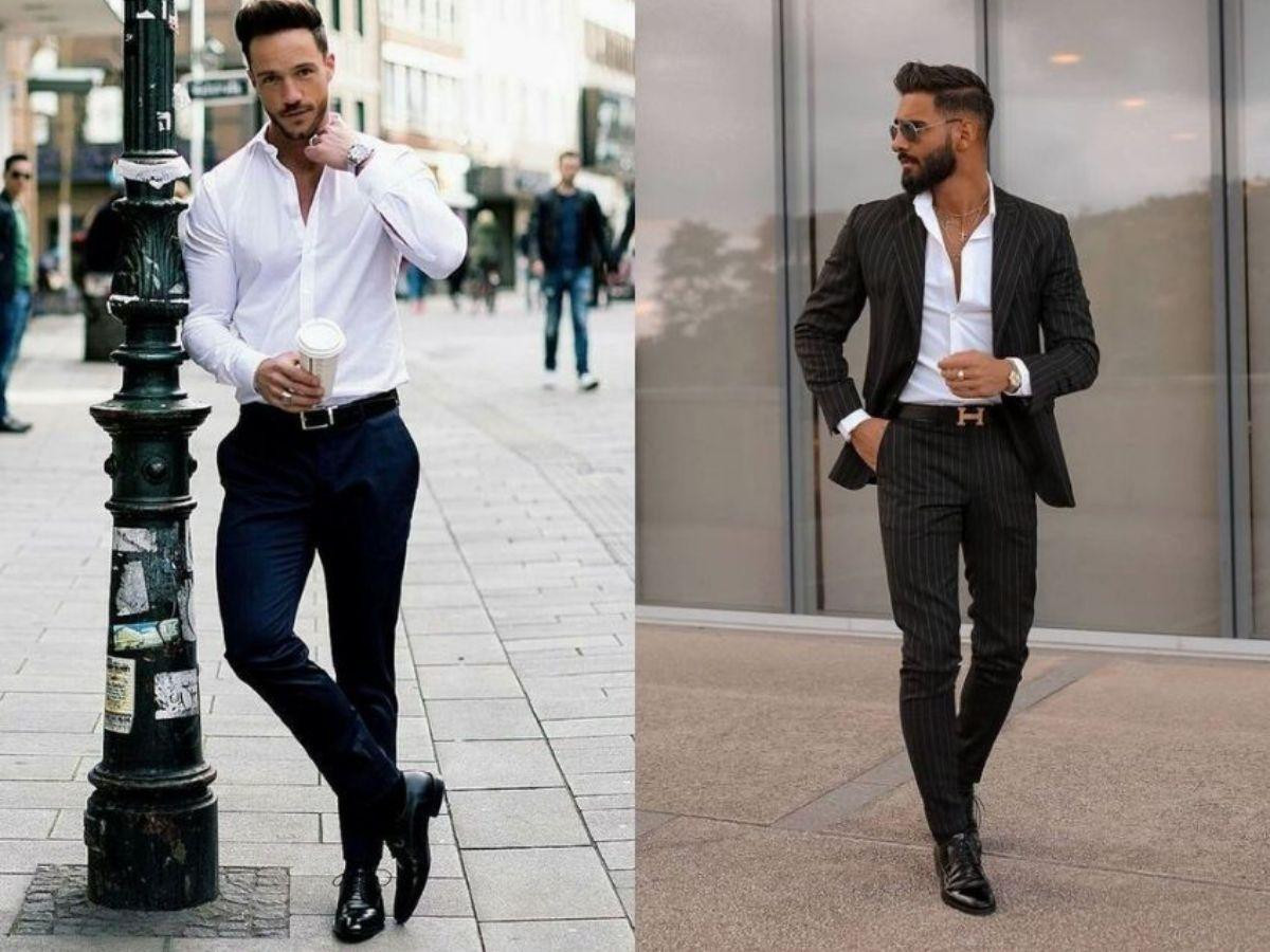 Giày tây nam kết hợp với quần tây và áo sơ mi tạo phong cách công sở lịch lãm