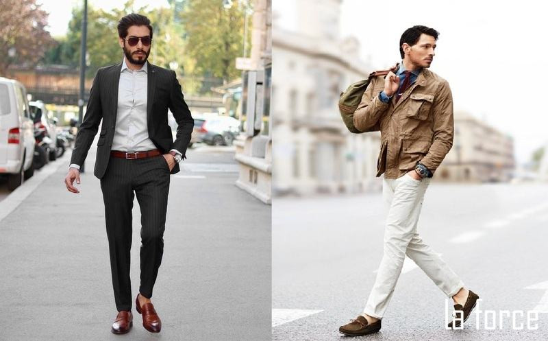 Giày tây nâu cùng áo khoác jacket và thắt lưng đồng điệu