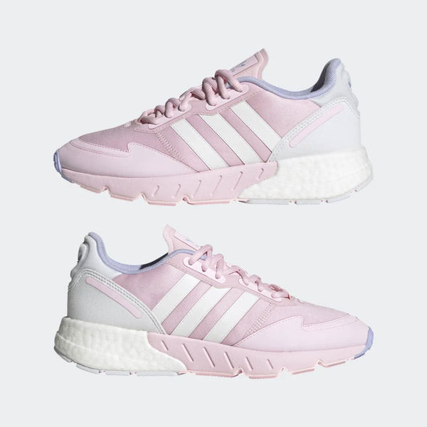 Giày thể thao Adidas nữ ZX 1K Boost màu trắng với các chi tiết hiện đại, một lựa chọn tuyệt vời bên cạnh phiên bản màu hồng.
