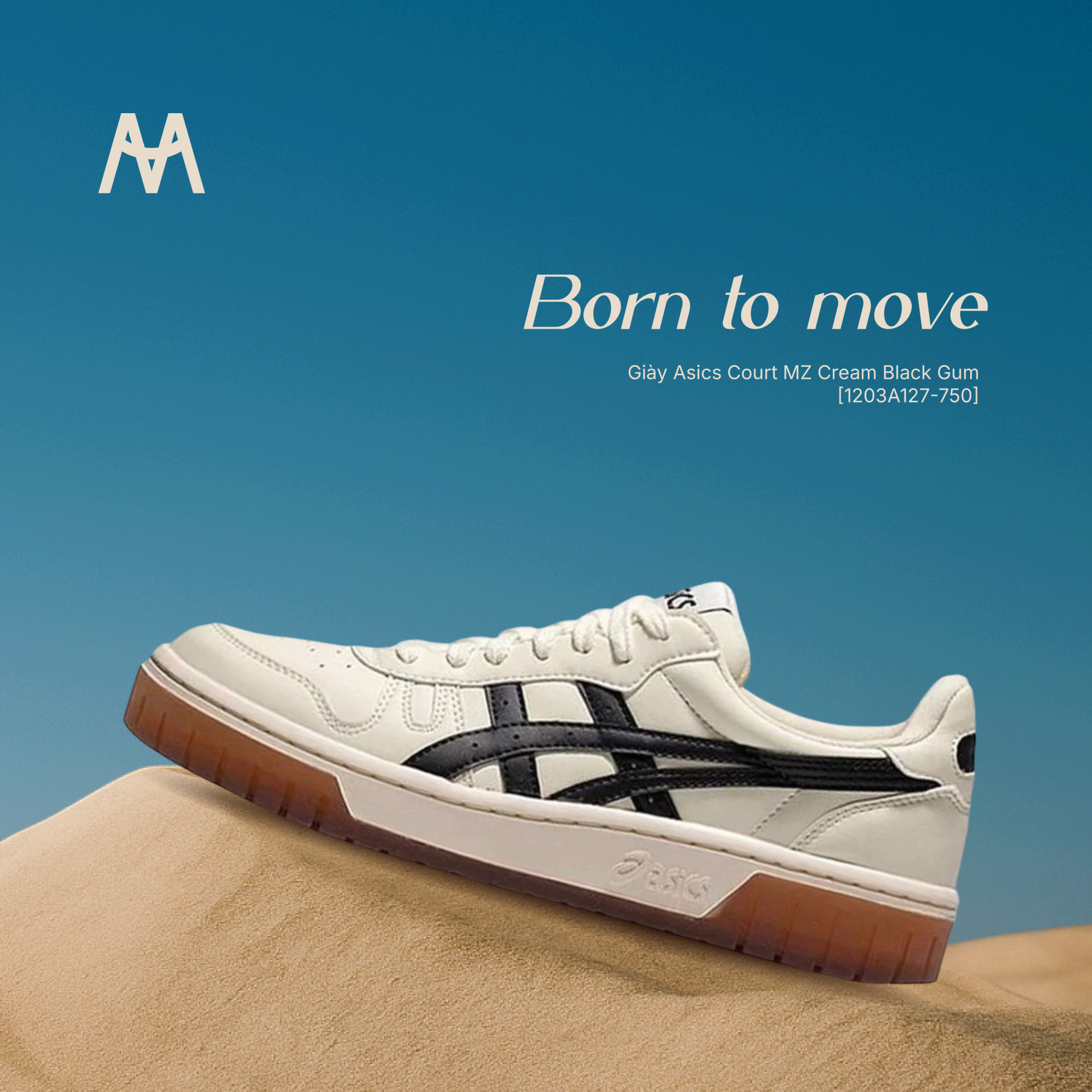 giày thể thao asics court mz cream black gum, phối màu độc đáo
