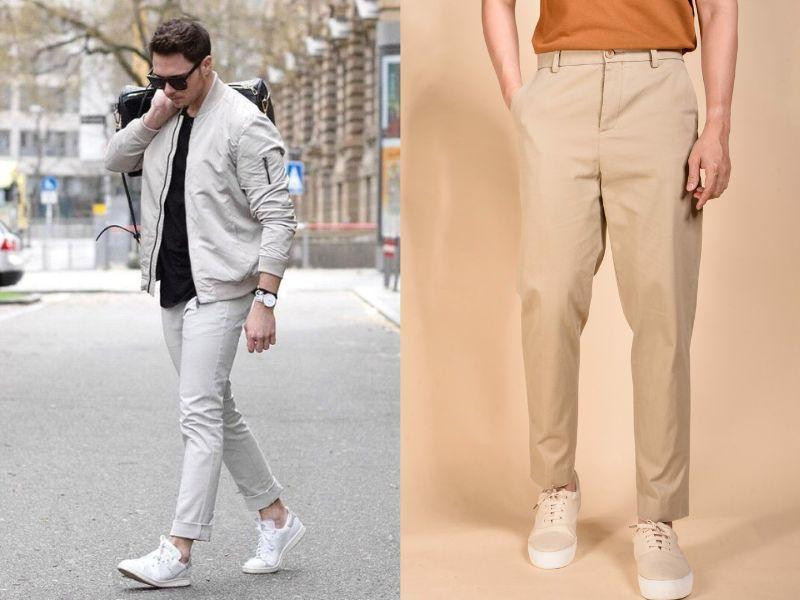 Giày thể thao kết hợp với quần kaki mang lại vẻ năng động, khỏe khoắn