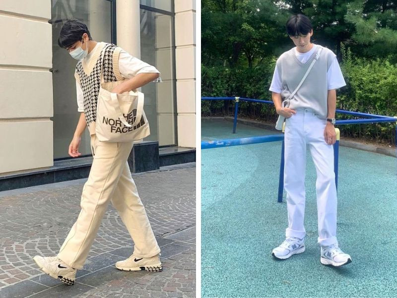 Giày thể thao nam phối quần kaki, áo gile và áo thun chuẩn Hàn