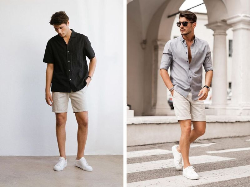 Giày thể thao phối cùng quần short và áo sơ mi nam thanh lịch