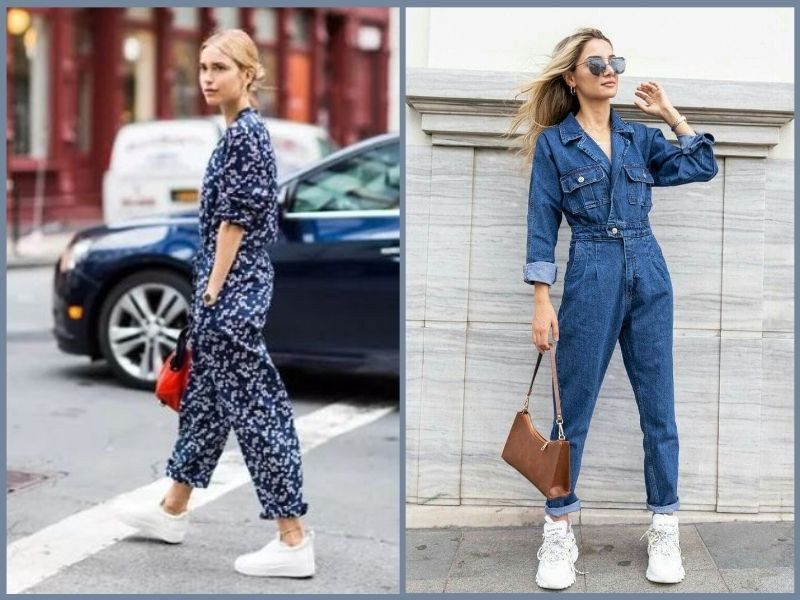 Giày thể thao trắng nữ kết hợp jumpsuit thời thượng