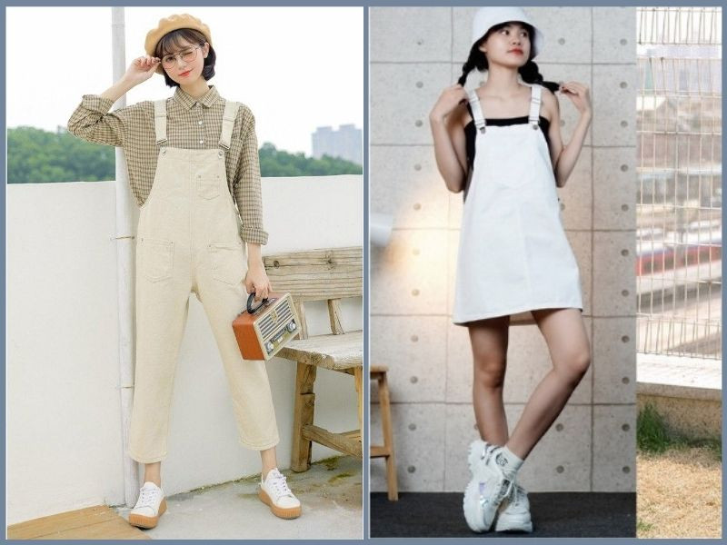 Giày thể thao trắng nữ phối cùng quần yếm