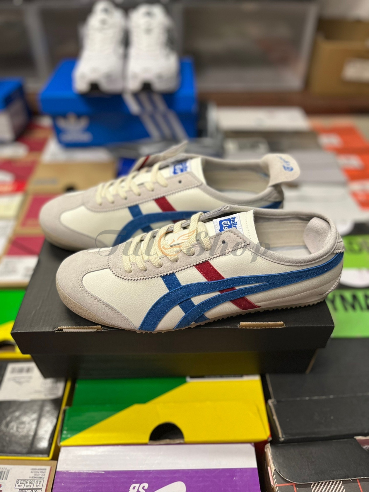 Giày Tiger Onitsuka nữ Mexico 66 màu kem, xanh dương, đỏ