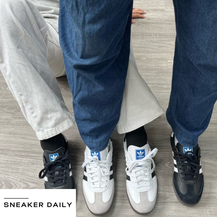 Hình ảnh cận cảnh đôi giày adidas Samba OG màu trắng đen, nhấn mạnh thiết kế cổ điển và chất liệu da cao cấp, biểu tượng của giày samba nữ chính hãng.