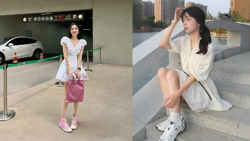 Hình ảnh cô gái phối váy trắng cùng giày thể thao năng động và sành điệu