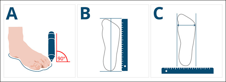 Hình ảnh hướng dẫn xác định size giày nam bằng cách đo chiều dài và chiều rộng bàn chân tại nhà